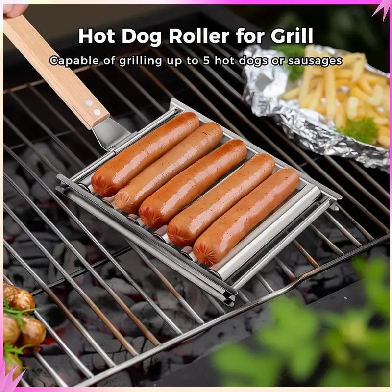 

B50C 2 шт. ролик для хот-догов для гриля, колбаса, роликовая стойка с деревянной ручкой, гриль для хот-догов для равномерных приготовленных хот-догов