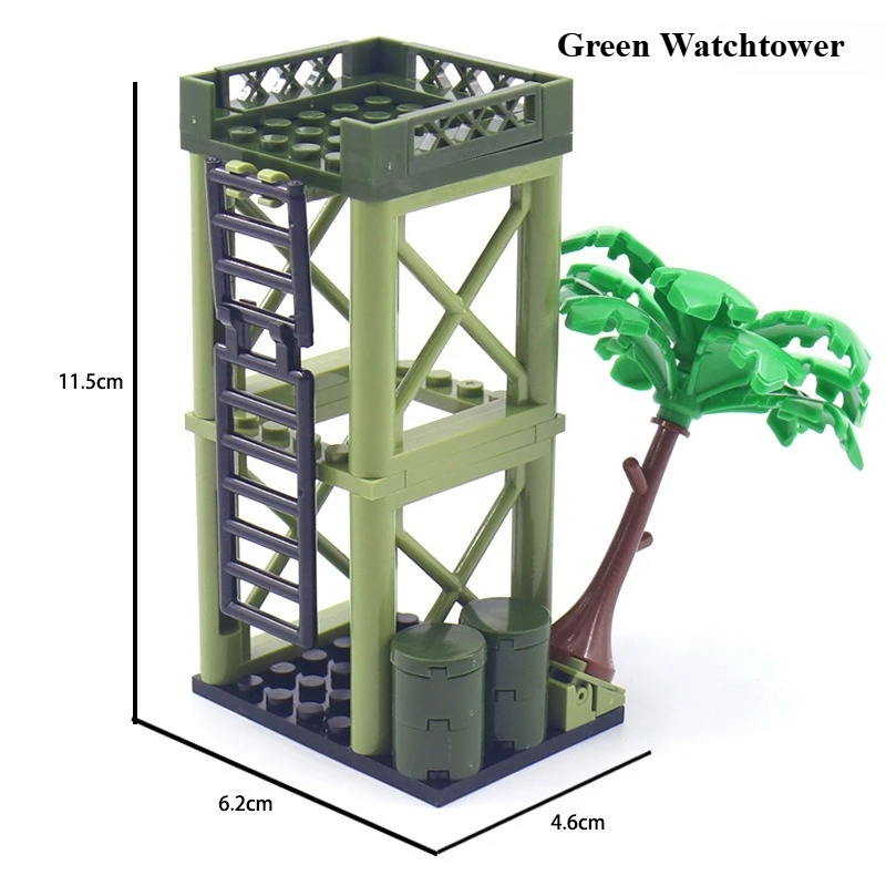 MOC Creative Military Building Scene with Sentry Post, Lookout Tower, Tree Oil Barrel, War Field Accessories and Assembly Model