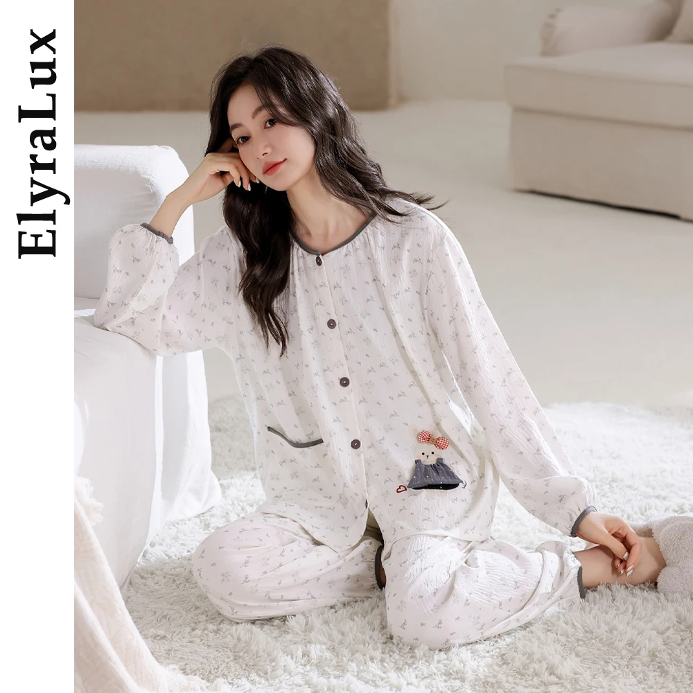 

ElyraLux Women’s Pajamas Set Long Sleeve Button Down Sleepwear Soft Breathable Loungewear Cute Home Clothes for Autumn Winter