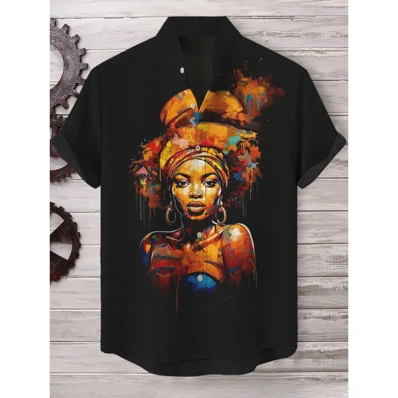 Men's Black Queen Colorful Art Print Casual Shirt Harajuku Hip Hop Streetwear African Women Hipster Button Down Shirts Clothing