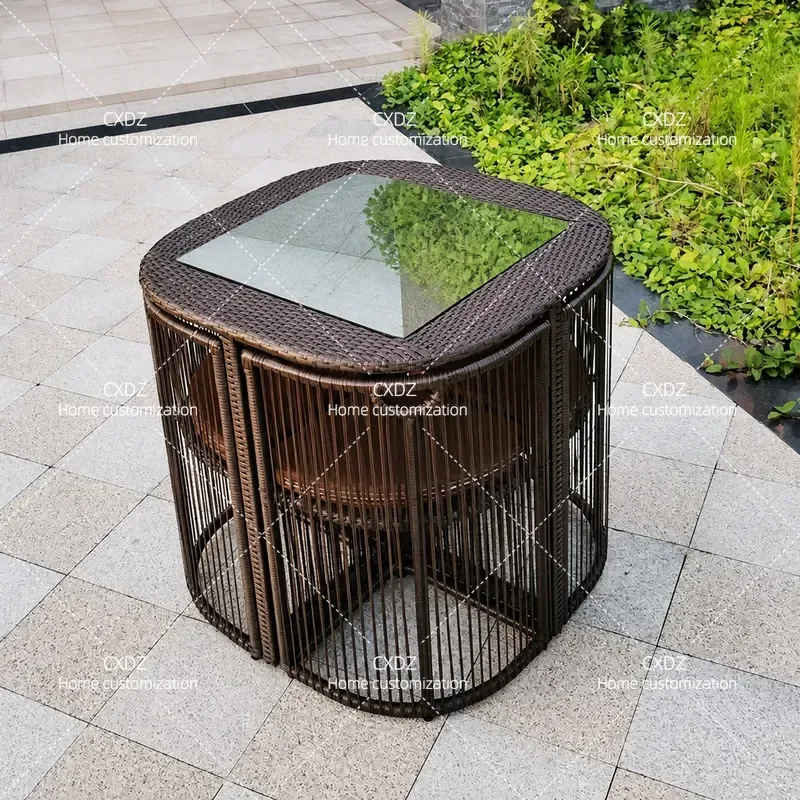 Outdoor Rattan Storage Table and Chair Set Weatherproof Patio Garden Furniture Combination for Courtyard Sun and Rain