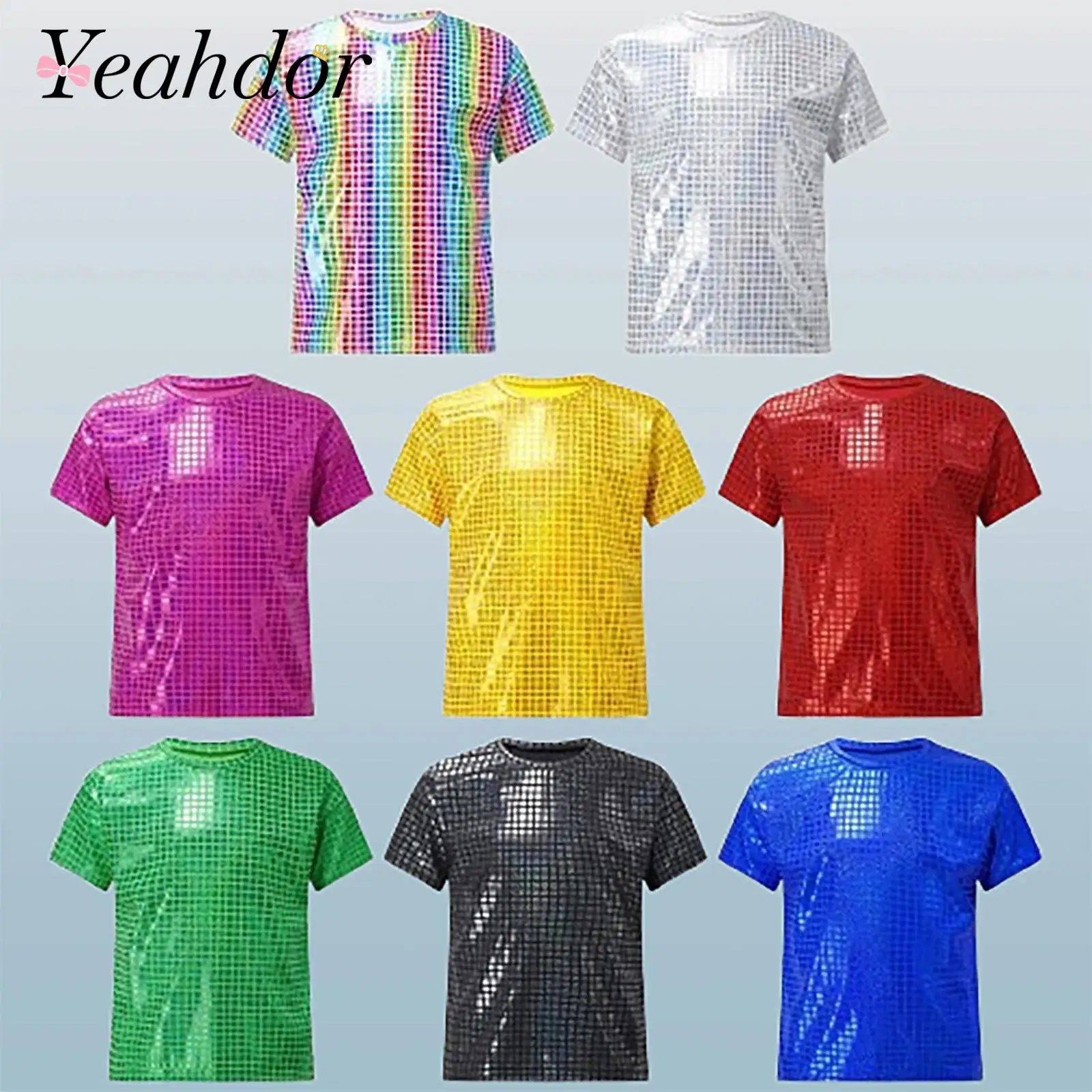 

Children T-shirts Short Sleeve T-shirt Shiny Plaid Sequins Tops Streetwear Girls Boy Jazz Dance Costume Kids Performance Clothes
