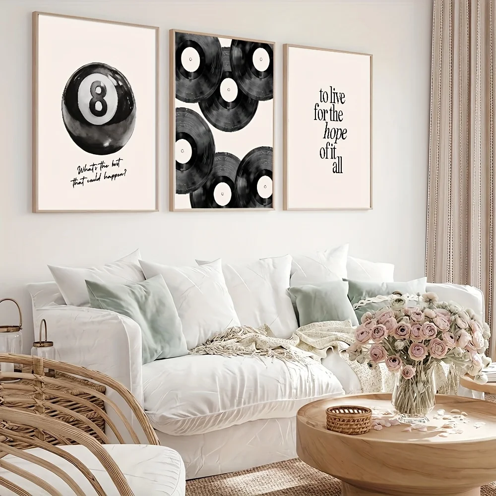 （NO Frame 3PCS）-2D Flat, 2D Flat/3pcs Set Frameless Black 8-Ball Billiard Record Academic Style Artistic Fashion Poster, Aest