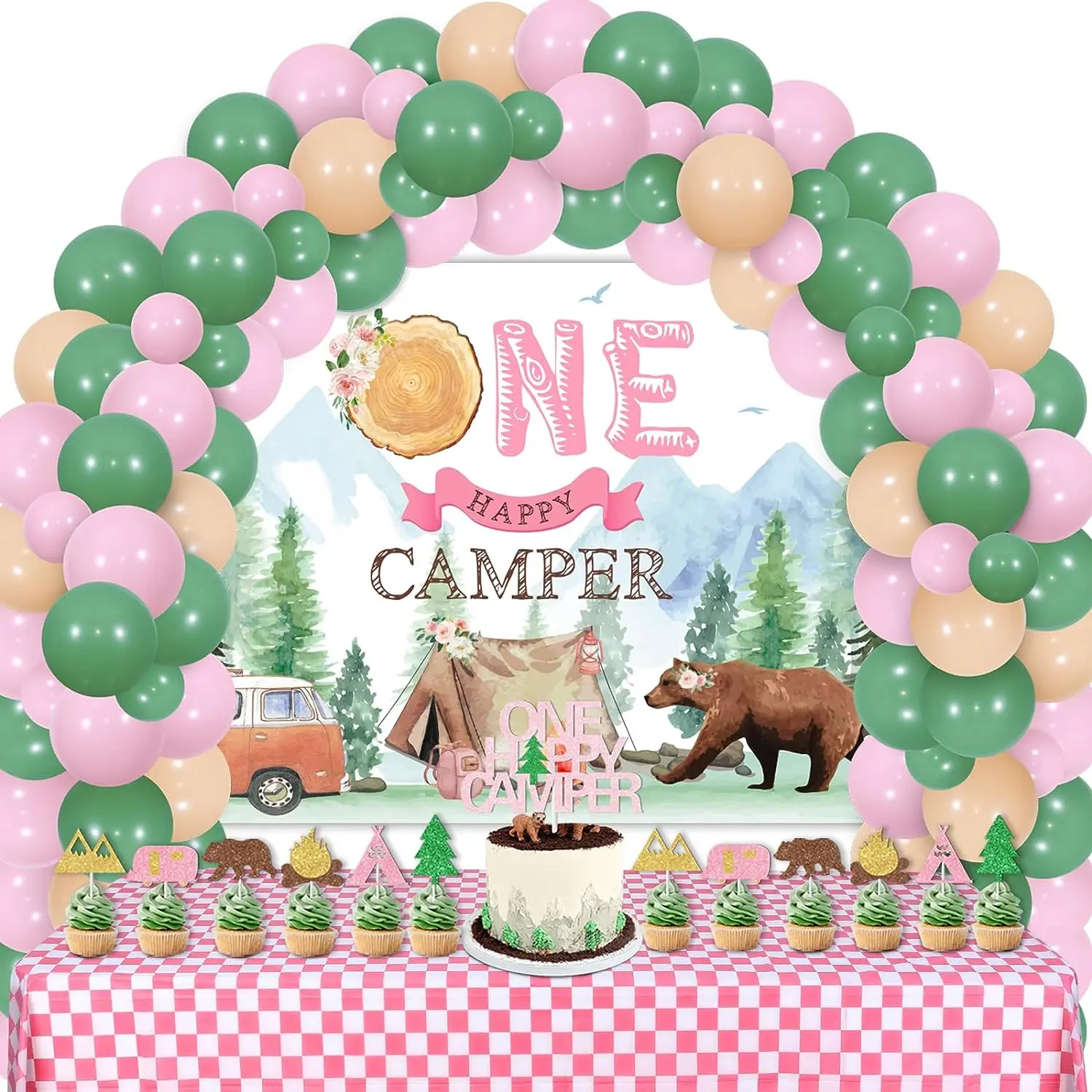 One Happy Camper 1st Birthday Decorations for Girl, Sage Green and Pink Balloon Arch Kit, Backdrop Cake Toppers, Adventure Party