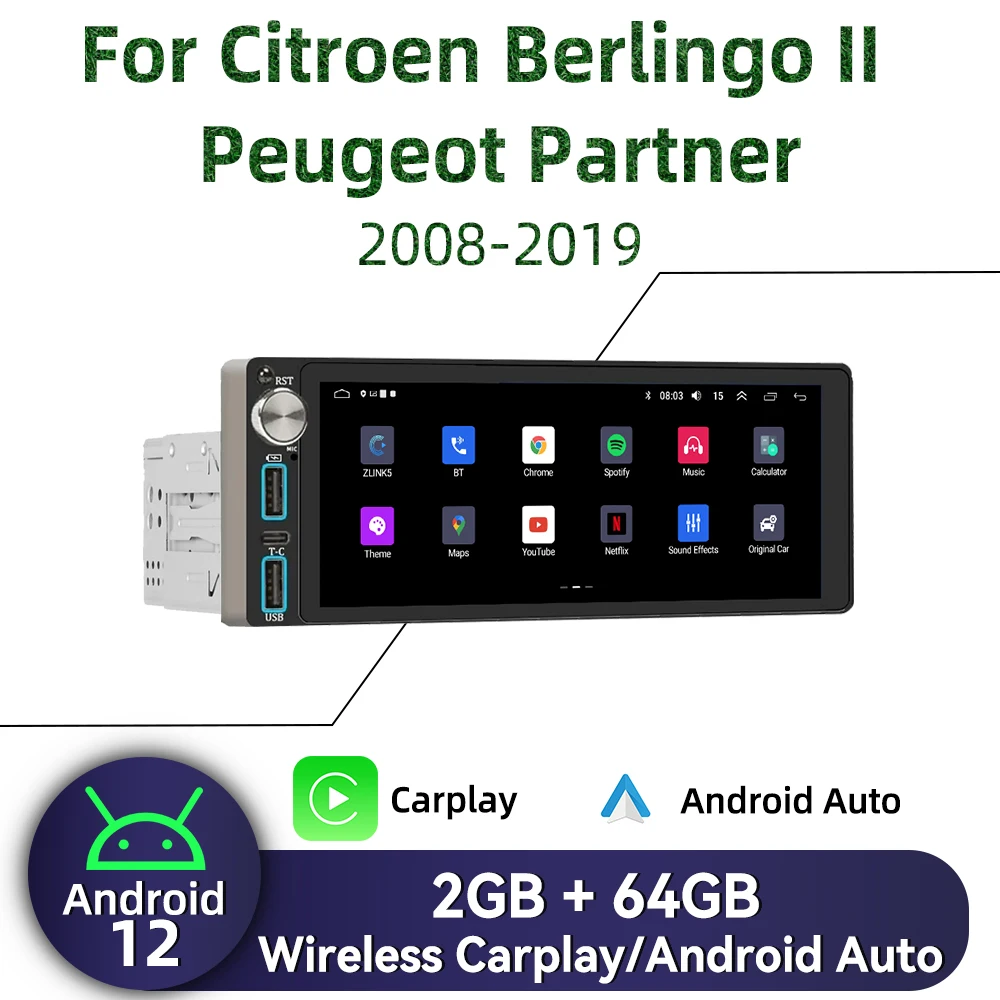 

Автомагнитола Carplay, мультимедийный экран 6,86 дюйма, 1Din, Android, для Citroen Berlingo II Peugeot Partner 2008-2019, Авторадио с GPS