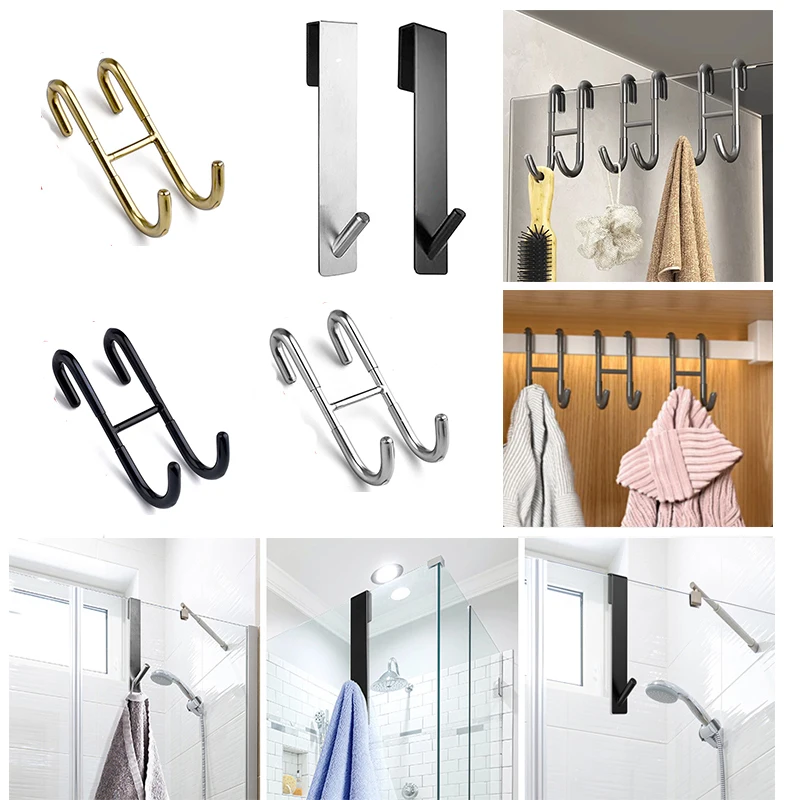 Stainless Steel Over Glass Door Shower Towel Rack S-Shape Bathrobe Hanger Holder Hooks Shower Door Back Hook Bathroom Accessorie