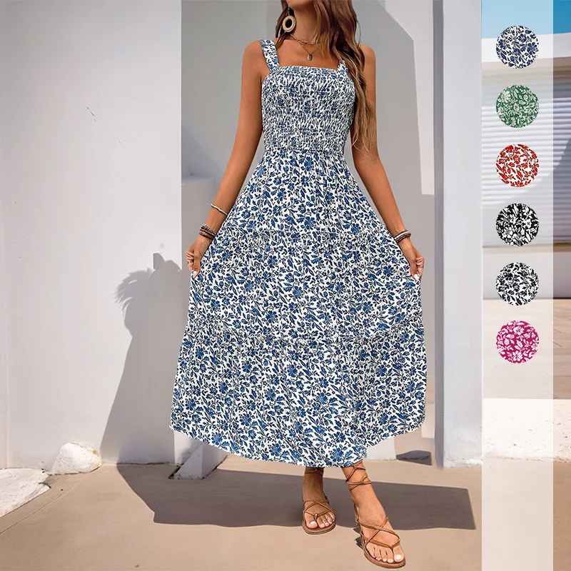 

2026 New Fresh and Casual Vacation Style Long Sleeveless Spaghetti Strap Dress with Elastic Waist and Print Women Dress