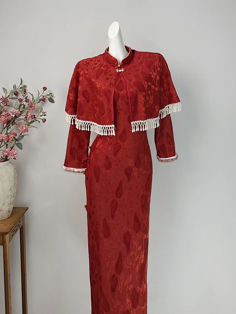 

Red Winter Thiened Floed Wedding Registration Ceremony Dr Traditional Chinese Sle Long Qipao Gown for Women