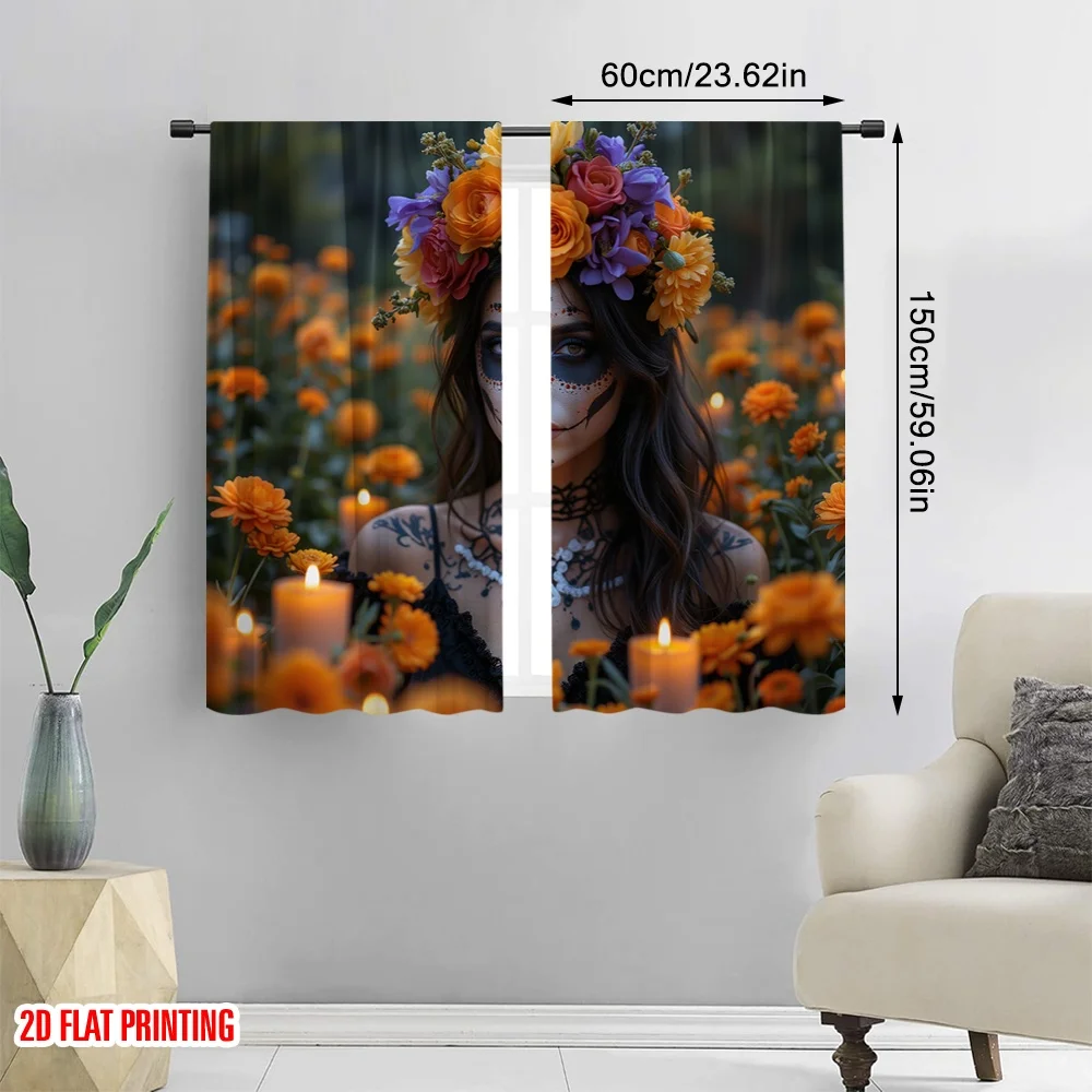 2pcs 2D flat printing Curtains Bright floral candy skeleton Digital Printed Polyester Drapes Party Decorations Perfect for Event