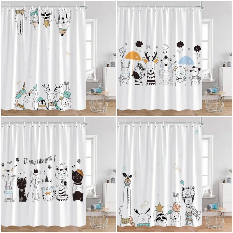 Cartoon Animals Kid Shower Curtains Hand-painted Simple Line Cute Cats Bathroom Decorations Kids Children Bath Curtains for Home