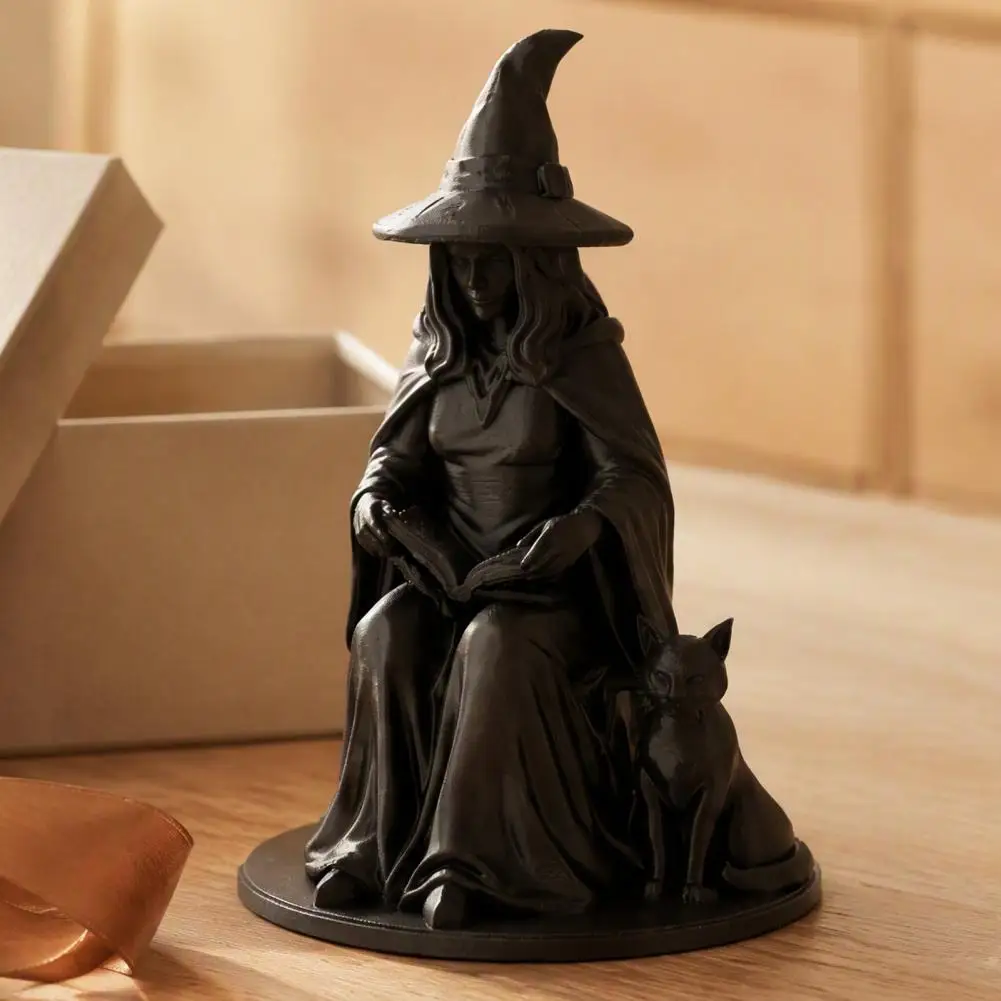 Black Witch And Cat Figurine 3D Printed Reading Witch Statue Collectible Gothic Sculpture for Halloween Home Office Shelf Decor