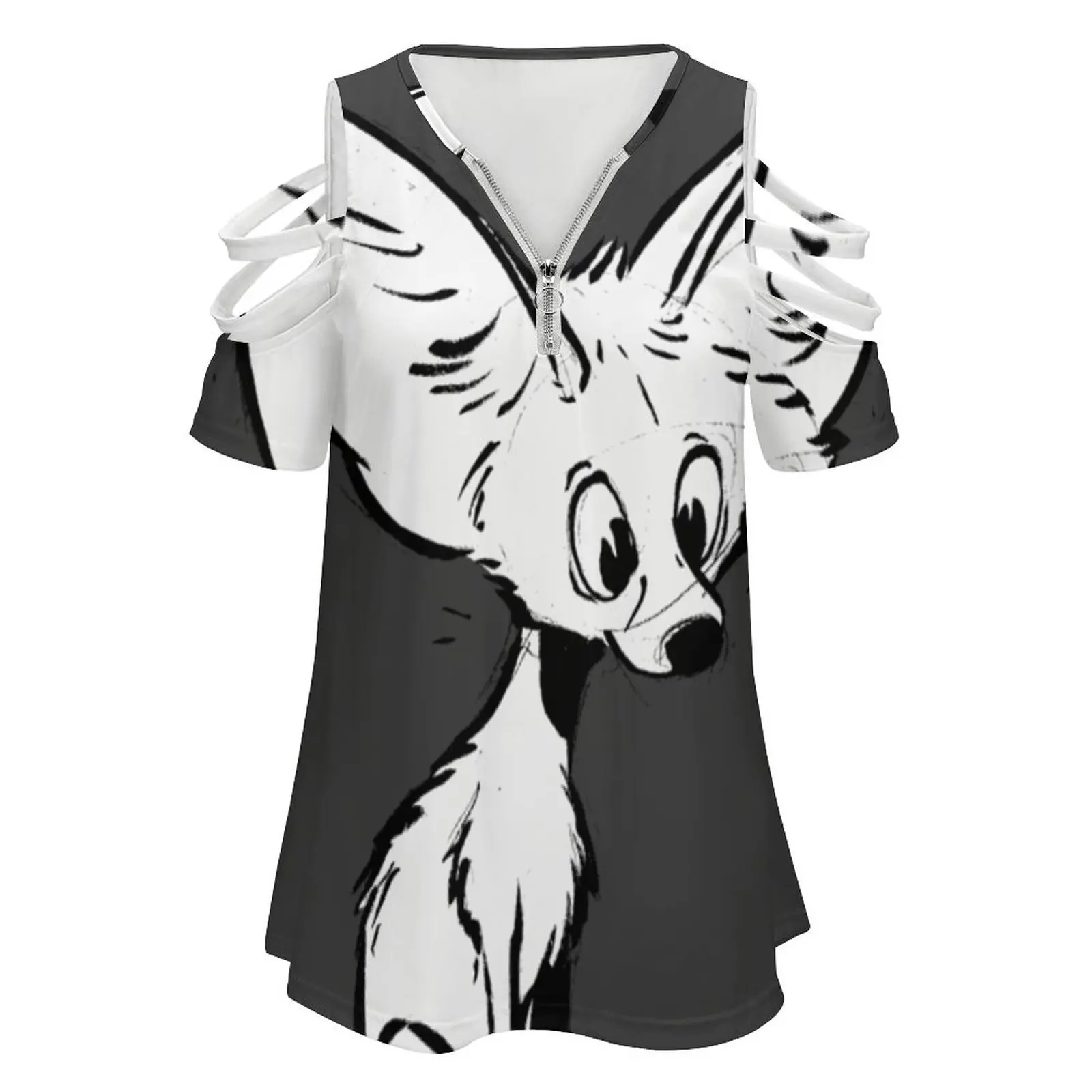 Fennec New Fashion Zip Off Shoulder Top Short-Sleeve Women Shirt Sketch Animal Cartoon Wildlife Fox Fennec Desert Fox Big Eared