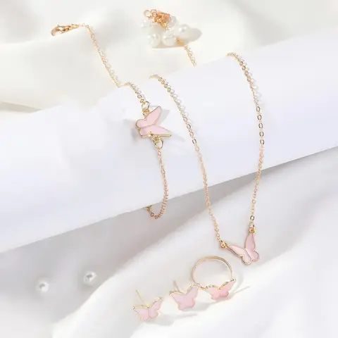 Butterfly Jewelry Set 4Pcs Pink White Romantic for Women Wedding Dinner Dress Bracelet Ring Necklace Earrings Gift