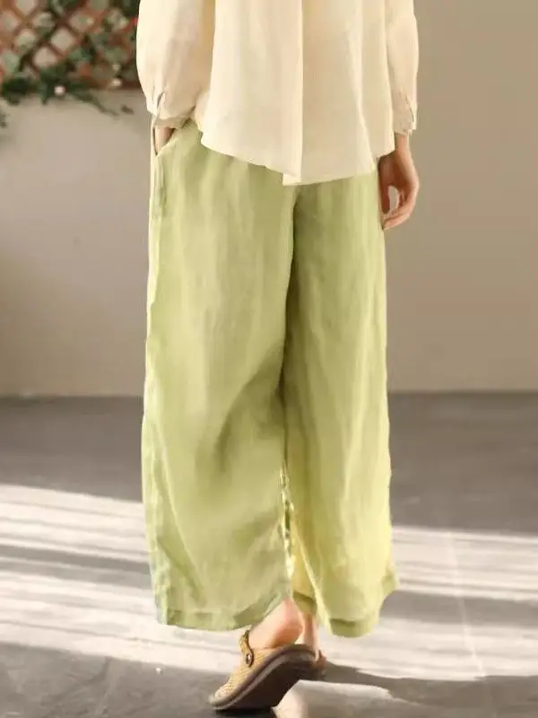 Novas Calças de Linho de Algodão Bordadas Chinesas com Pernas Largas para Mulheres, Calças Casuais de Verão com Cintura Alta e Corte Reto