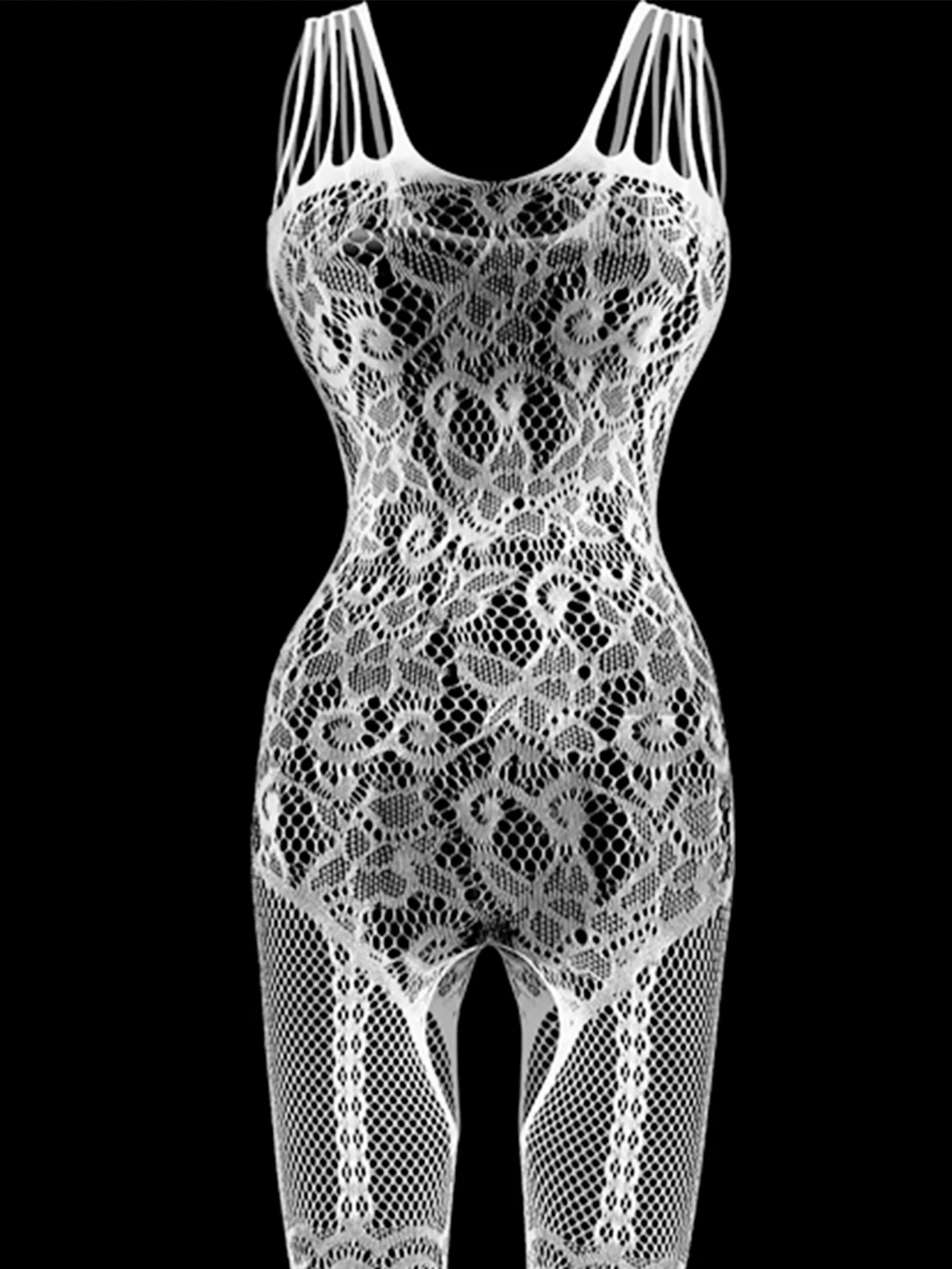 1 Women's sheer white lace bodysuit featuring floral prints and cut-out details—elegant and sexy lingerie.