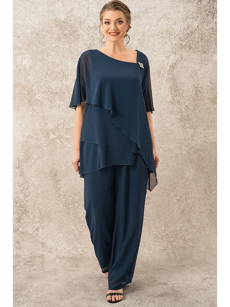 Plus Size Mother Of The Bride Navy Blue Decorative Button Single Cape Asymmetrical Hem Two Piece Pant Suits