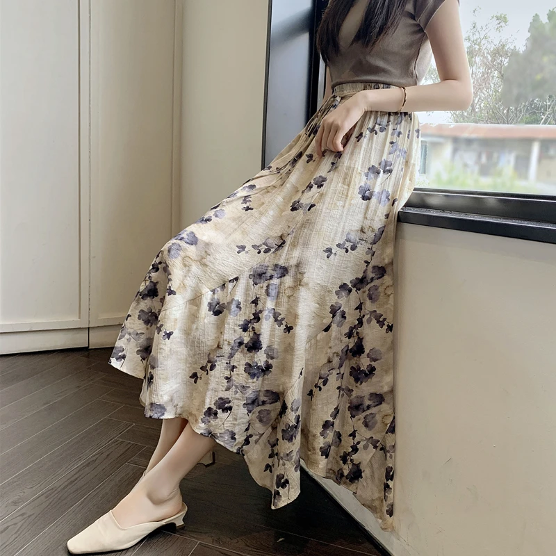 

Chinese Zen Sle Asymmetrical Midi Skirt Artistic Wuu Print Hemp Belted High Waist A-Line Midi Skirt for Young Women