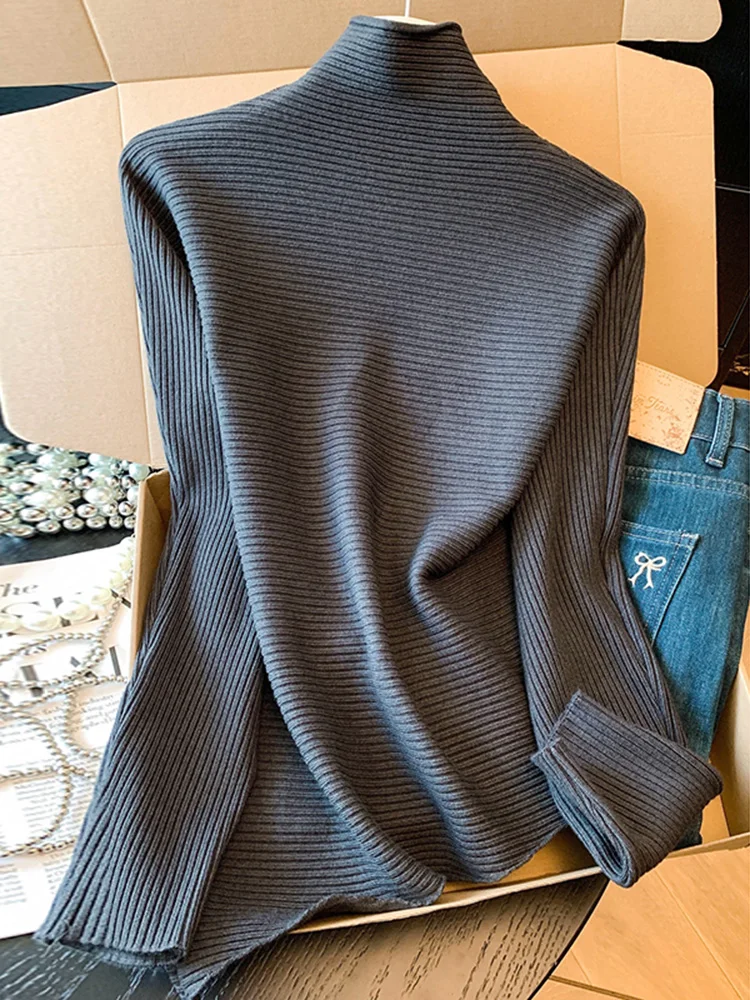 

Женский вязаный свитер с высоким воротником, осенне-зимний, модный, асимметричный, облегающий, базовый топ, корейский стиль, трикотаж