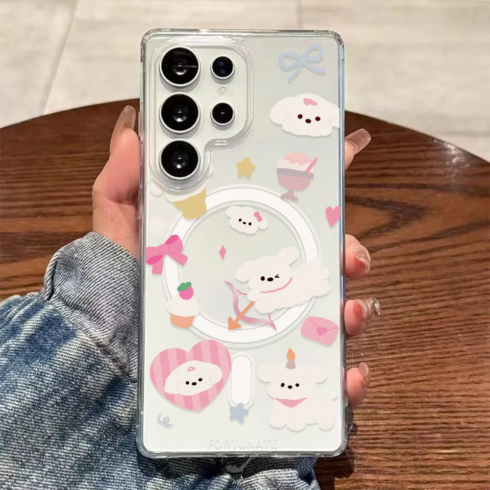 Magnetic Phone Case for Samsung Galaxy S26 Plus S25 Edge S24 FE S23 S22 Ultra Cases Sweet Kawaii Cute White Puppy Desserts Funda