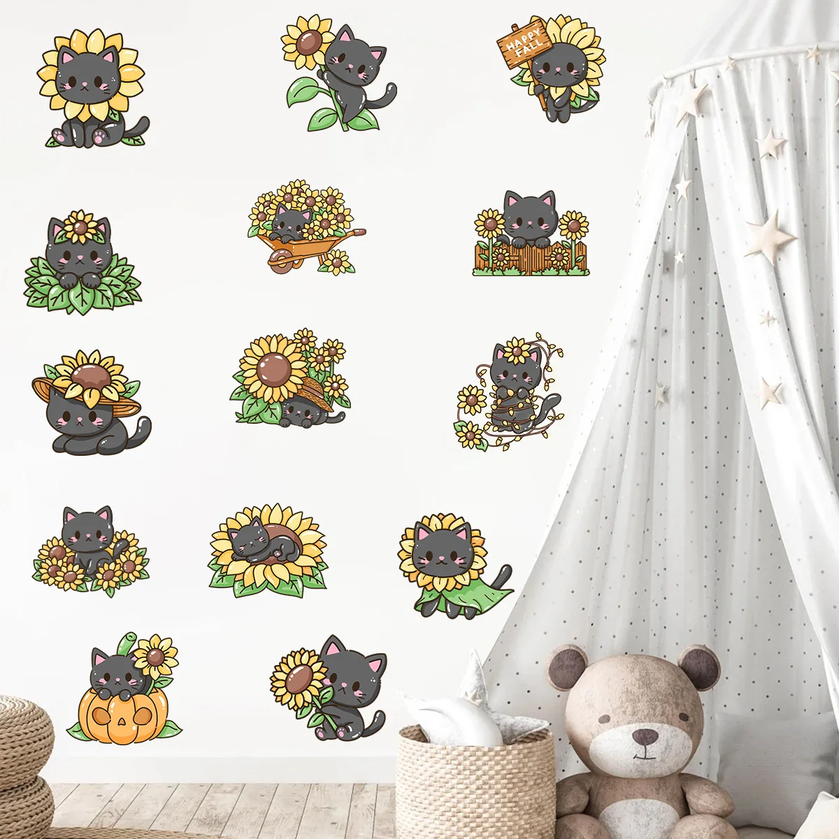 Cartoon Cute Sunflower Black Cat Self-Adhesive Wall Stickers Kawaii Cats Decals for Kids Room Nursery Home Wall Decoration view 4