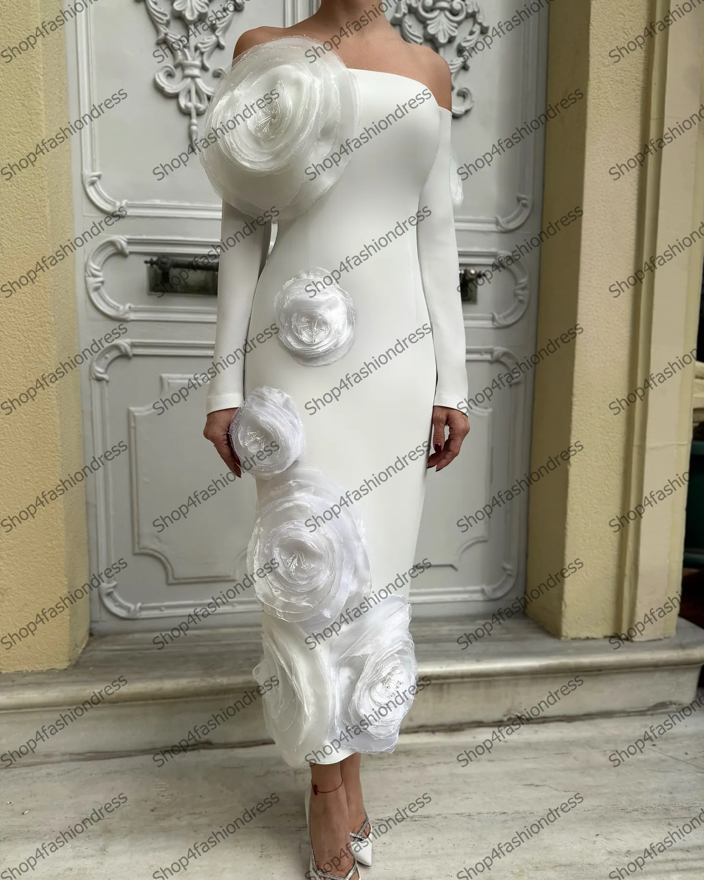 ชุดเดรสออกงานปาร์ตี้แบบมีดีไซน์เปิดไหล่ ลายดอกไม้ ความยาวปานกลาง แขนยาว ประดับดอกไม้ทำมือจากผ้าซาติน ดีไซน์ไม่ซ้ำใคร สำหรับผู้หญิง ชุดเดรสสำหรับโอกาสพิเศษ