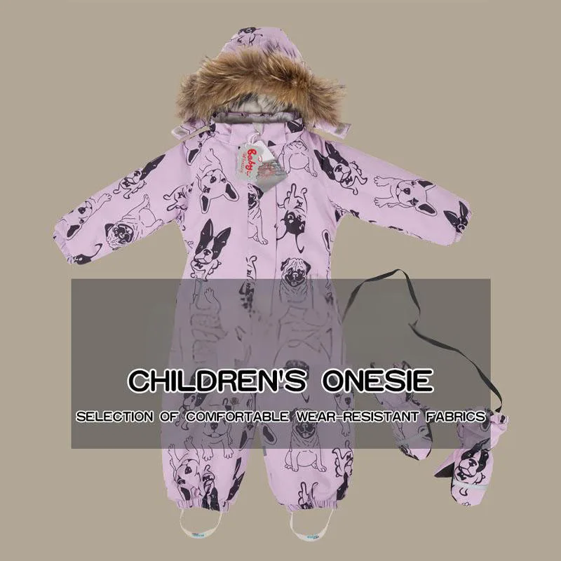 

Winter Children Thicken animal print hooded snowsuit Warm Fur Collar Coat+gloves 2pcs Boy Windproof clothes onesie