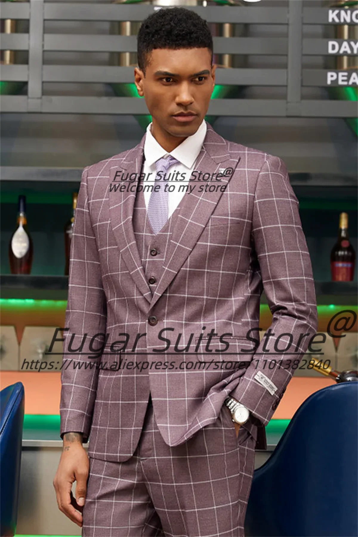 

Business Handsome Plaid Men Suits Customized Slim Fit Peak Lapel Groom Wedding Tuxedos 3 Pcs Sets Male Prom Blazers Ropa Hombre