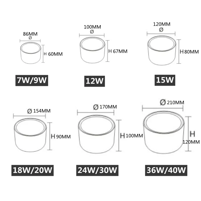 표면 장착 조도 조절식 LED 다운라이트, 드라이버리스 천장 램프, 7W9W cob led 스포트라이트, 천장 고정 조명, 흰색, 12W, 15W