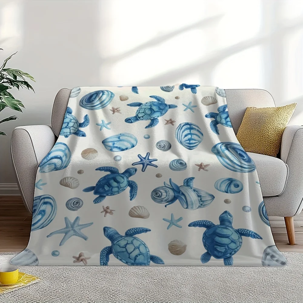 Cozy Oceanic Turtlescape Printed Throw Blanket - Inspired Fantasy Marine Design with Sea Turtles, Starfish & Shells, All-Season
