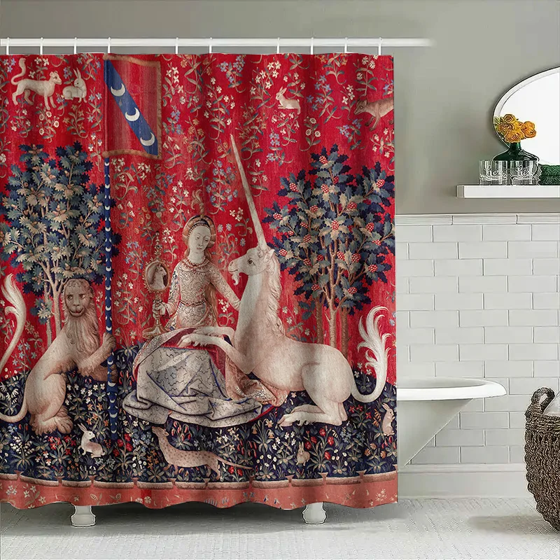 Red Floral Curtain with Medieval Tapestry Design for Bathroom Decor – Luxury Unicorn Bath Rug Shower Curtain Waterproof Home Dec - view 4