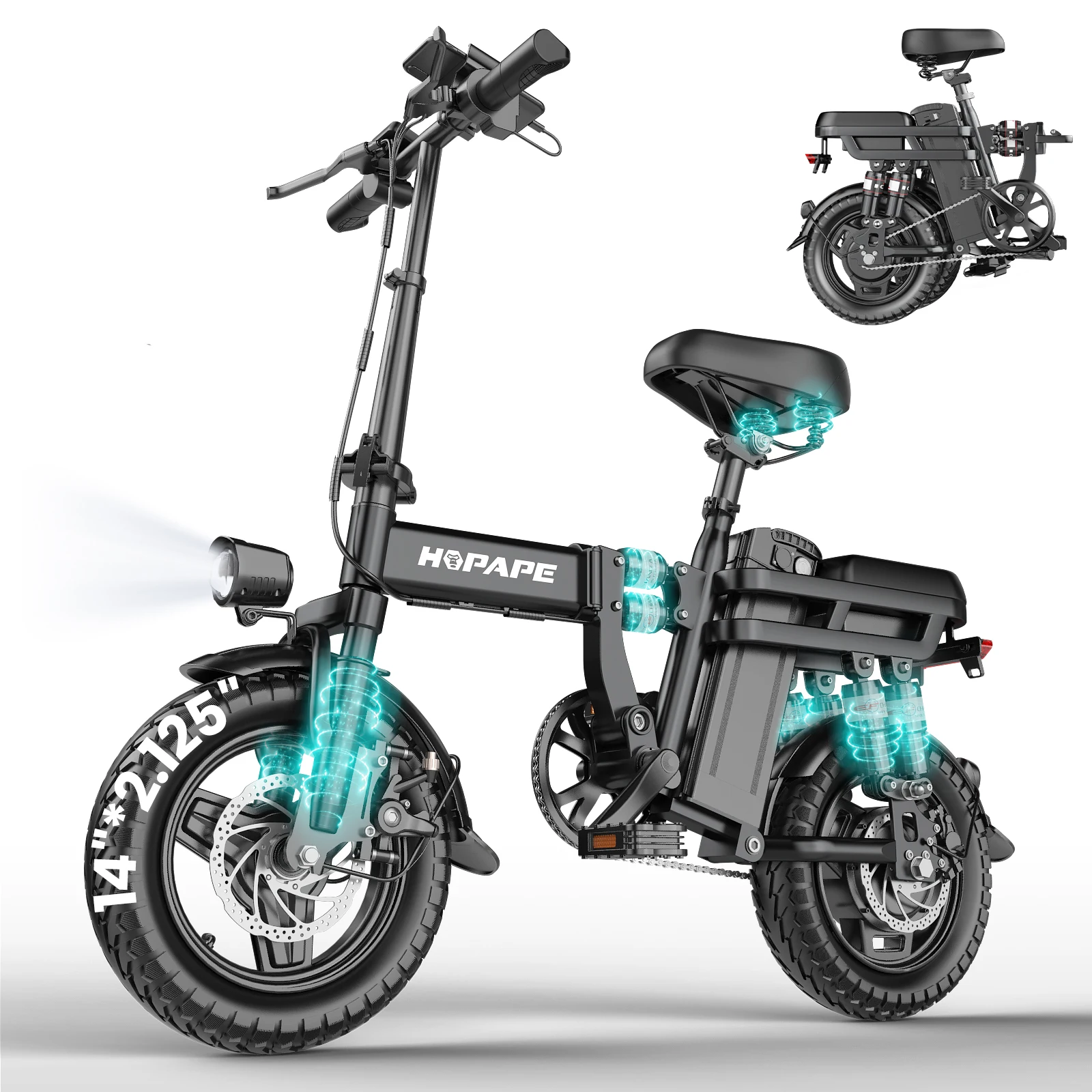 HOPAPE Foldable Electric Bike 748W Brushless Motor 48V 15Ah Battery 8-Layer Shock Absorption 20MPH Max Speed 25-30 Miles Range Dual Disc Brake 14"x2.125" All Terrain Folding E-Bike