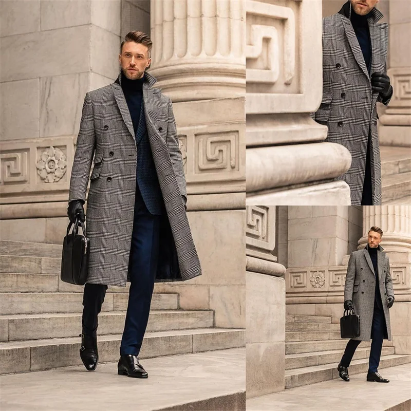 Grey Houndstooth Men Suit Long Overcoat Winter Thick Warm Wool Formal Double Breasted Coat Office Custom Made Jacket Kingcoat