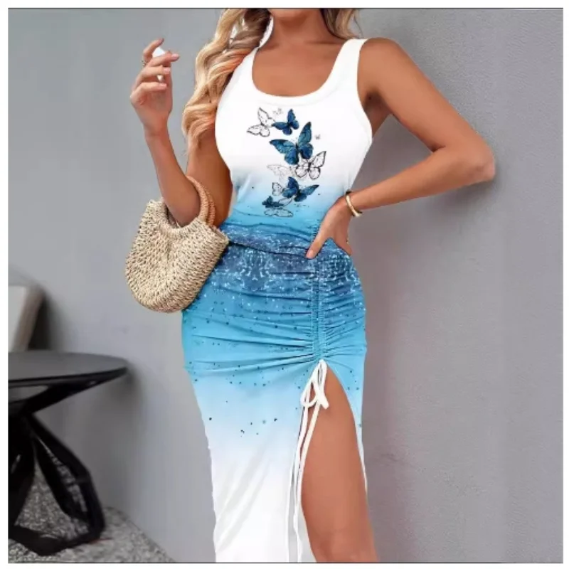 New Summer Sexy Irregular Drawstring High Split Mid Length Tank Dress Women's Slim Fit Round Neck Pullover Bodycon Dress 2024