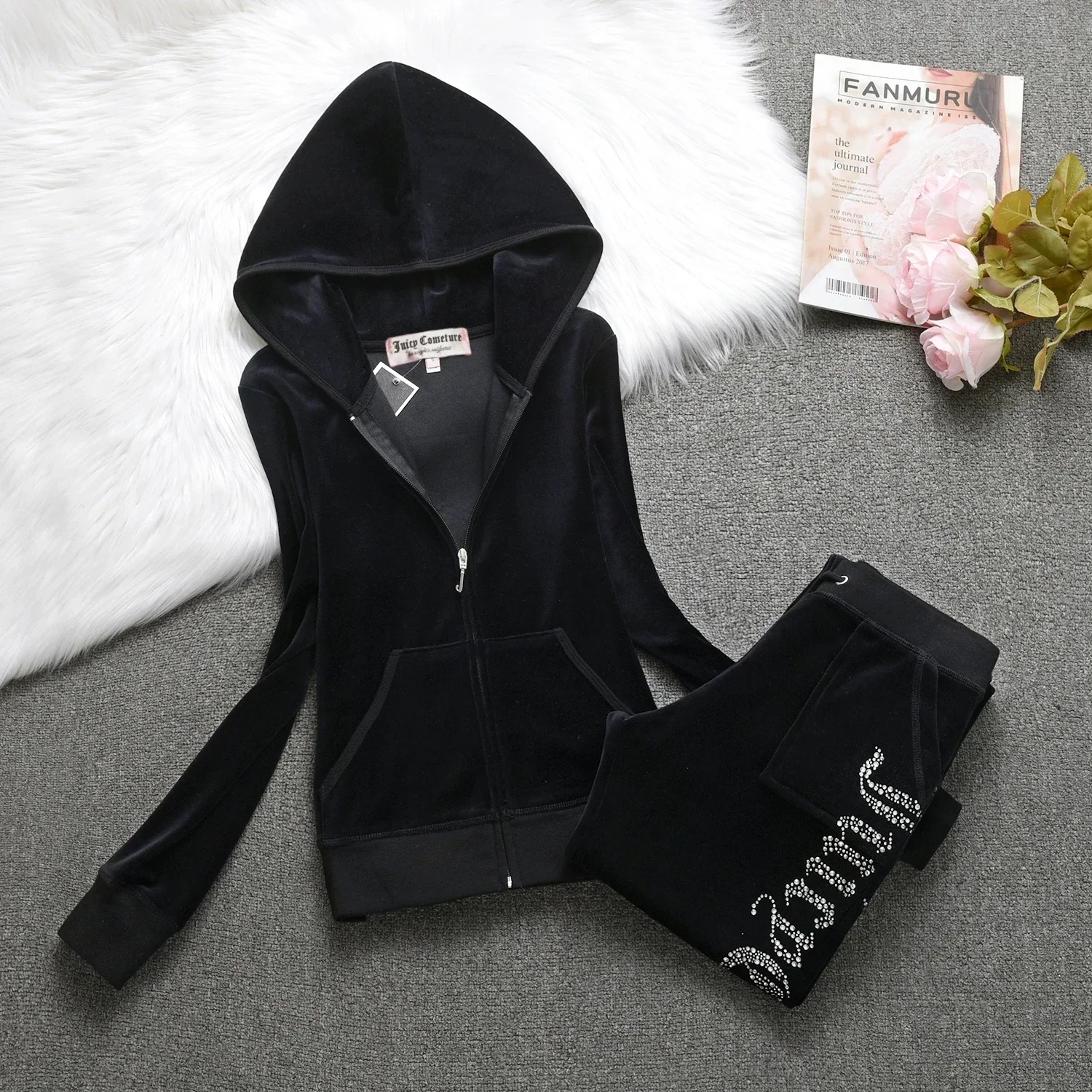 Women Velvet Tracksuit Sports Suit Fall Winter Juicy Tracksuit Casual Warm Hooded Jacket Y2K Women\'s Sports Velvet Pants Suit