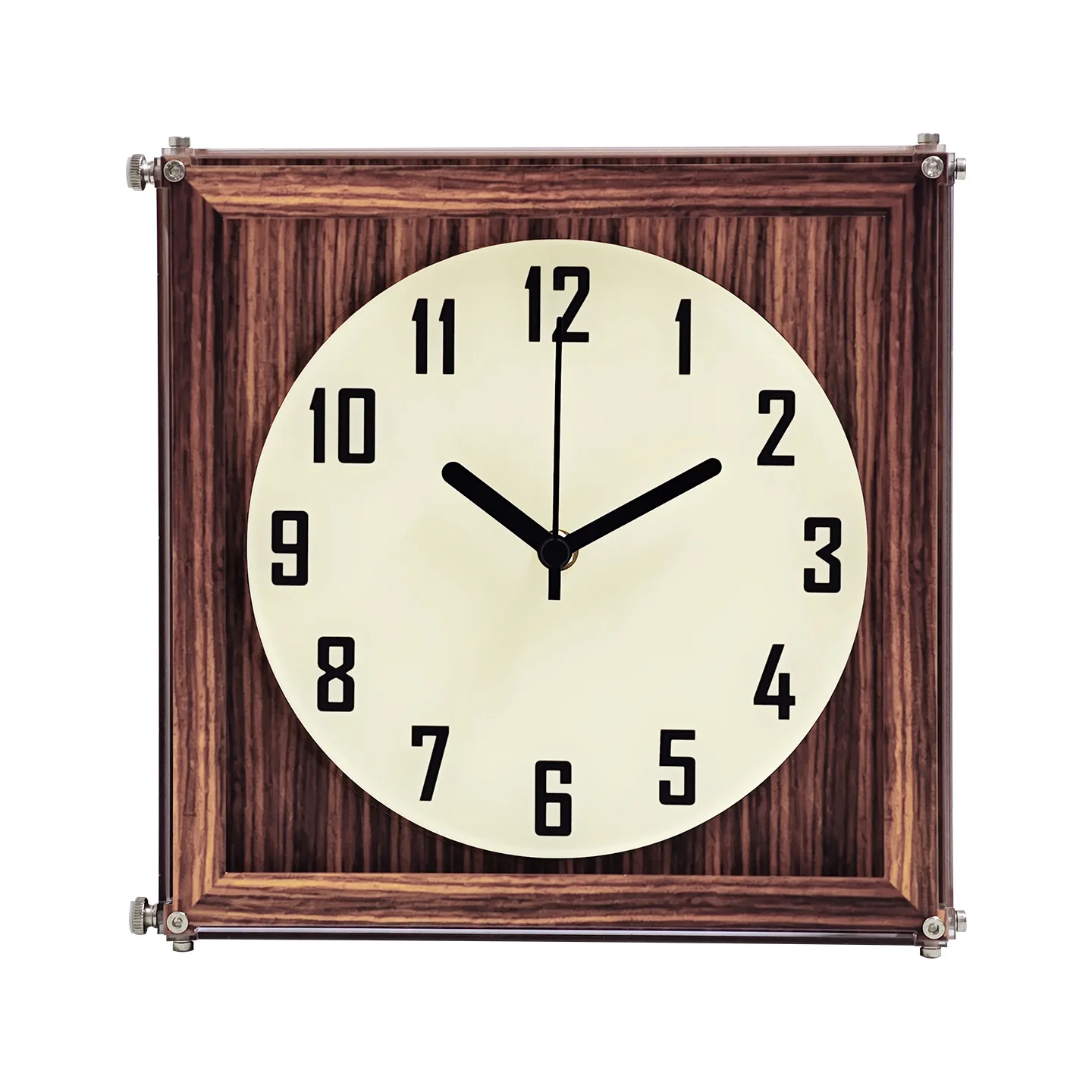 Acrylic square walnut-grain double-sided clock silent sweep-second movement