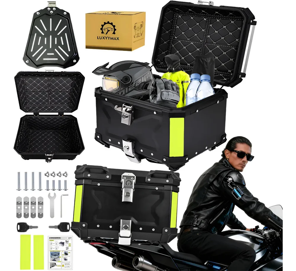 Caja de casco de motocicleta de aluminio de 55L, estuches de herramientas traseros, maletero, maletero de motocicleta, estuche superior, Estuches de almacenamiento de equipaje, color negro