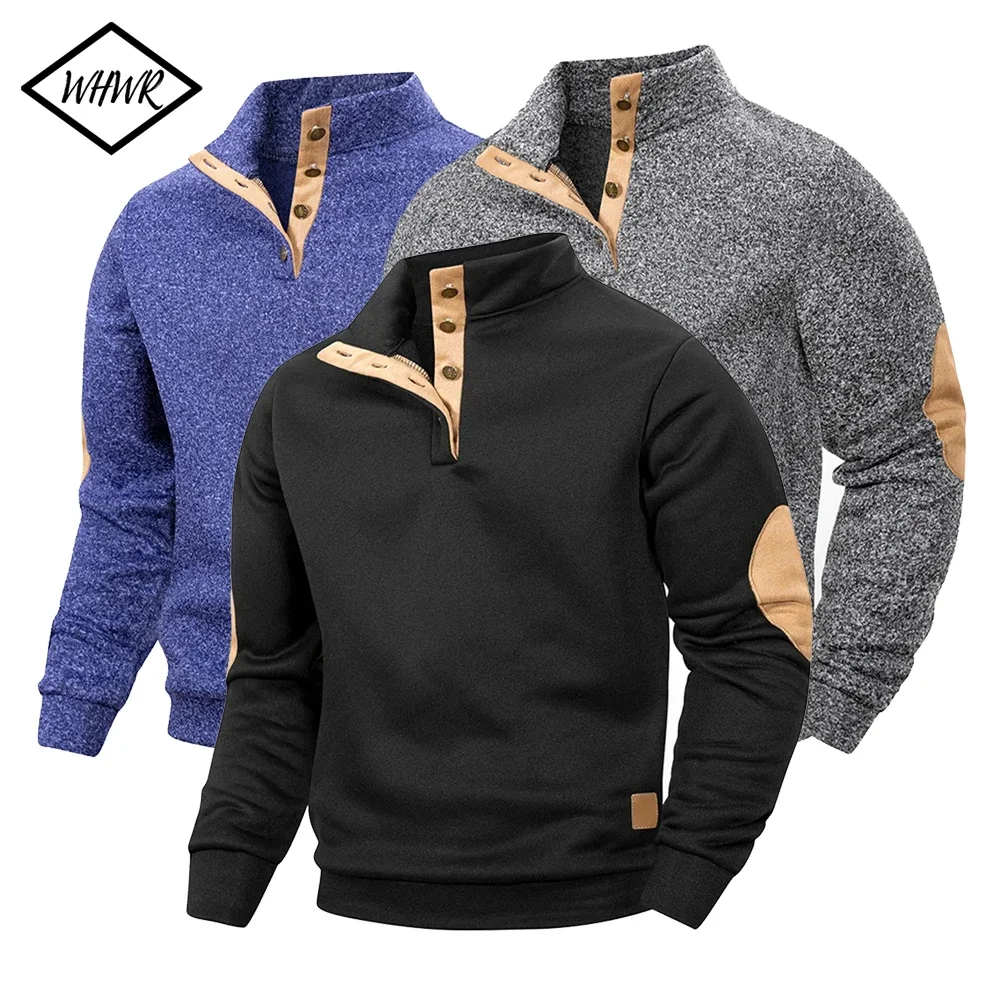 

Мужская трикотажная жаккардовая толстовка с воротником-стойкой и планкой на пуговицах, осень-весна, пуловер с длинными рукавами и нашивками, повседневные модные топы