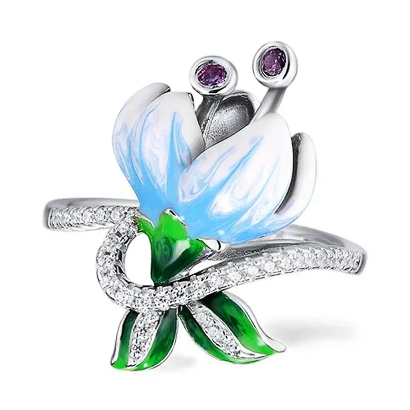 2026 New Handmade Enamel Drip Oil Flower Ring Micro Inlaid Zircon Women's Fashion OL Finger  Head Accessories Wholesale