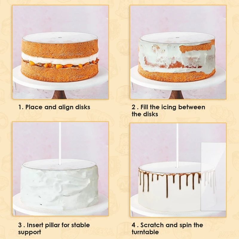 A74E-Acrylic Round Cake Disk Set - Cake Discs Circle Base Boards With Center Hole - 2 Comb Scrapers (4 Patterns) & Dowel Rod