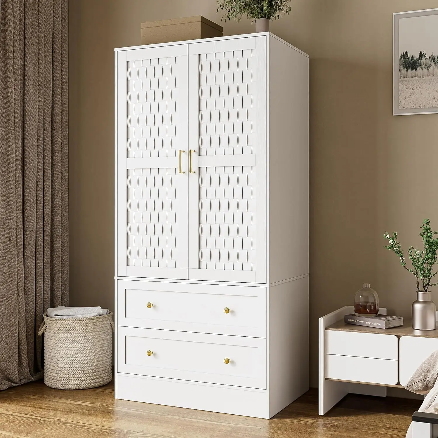 

Armoire Wardrobe Closet with 2 Woven Doors, Armoire Storage Closet Cabinet with Drawers, Hanging Rod, Freestanding Wooden