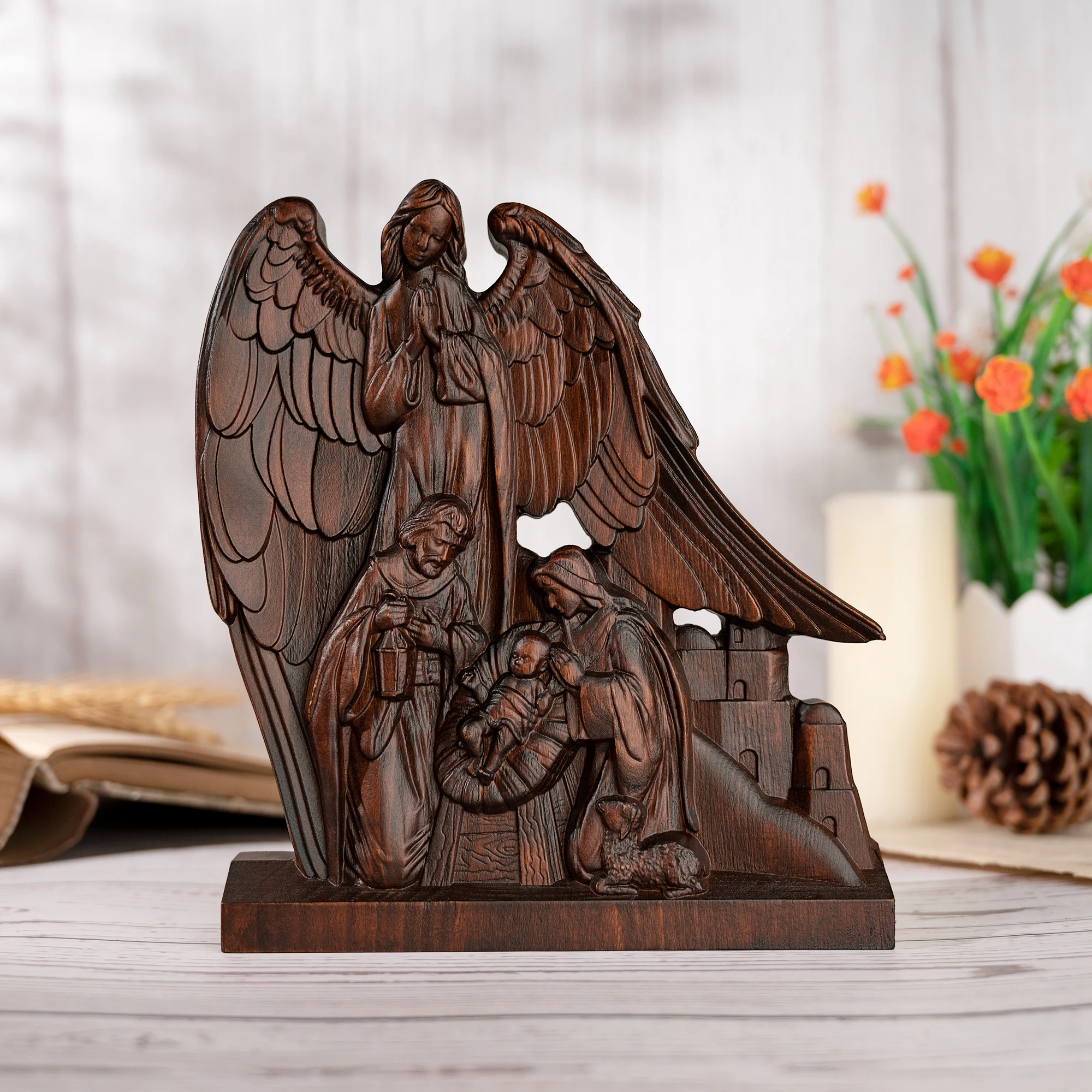 Holy Family with Guardian Angel Statue, Wooden Nativity Ornament, Catholic Religious Statue, Home Decor