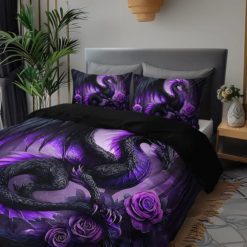 Immagine 4: Set di Biancheria da Letto con Drago Viola Scuro e Rosa, Stampa ad Alta Definizione, Stile Gotico Misterioso e Romantico per Camera da Letto
