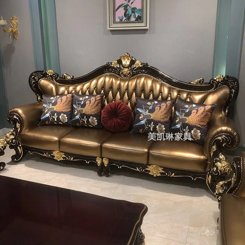 European red sandalwood sticker gold foil leather sofa villa living room high-end luxury solid wood high-end sofa new