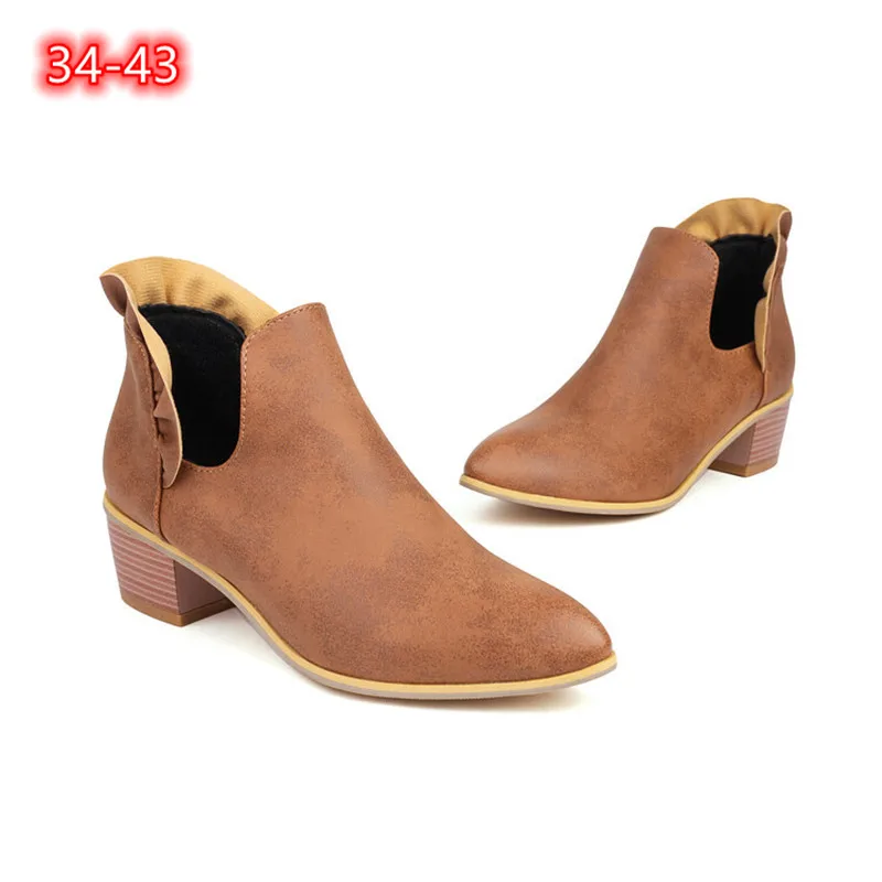 Women Spring Short Plush Elastic Band Ankle Boots Wood Texture Med Heels 5cm Pumps Lotus Leaf Shoes Pointed Toe 34-43 26cm Brown