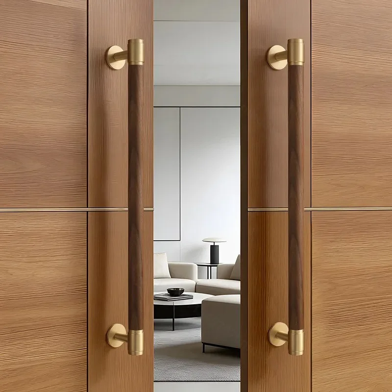 Light Luxury Walnut Cabinet Door Single Sided Handle Chinese Brass Base Sliding  Glass Door Solid Wood Door Handle