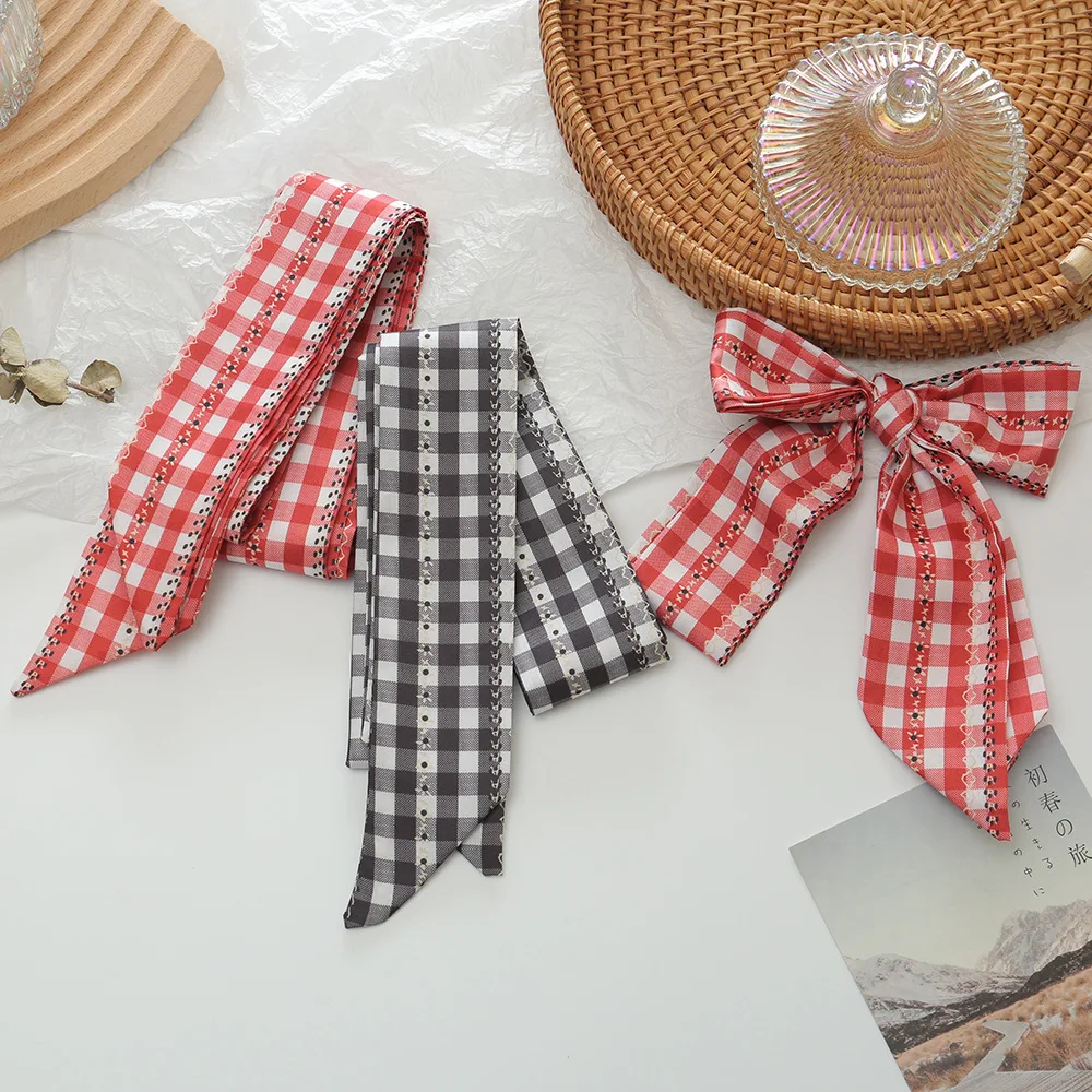 New Summer Gingham Skinny Scarf for Women, Pastoral Style Neck Scarf, Hair Band & Waist Belt, Versatile Fashion Tie