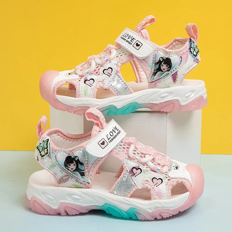 

Сандалии со светодиодной подсветкой принцессы Эльзы для девочек Disney Frozen, летние детские спортивные пляжные розовые, фиолетовые мягкие блестящие туфли для девочек, размер 25-30
