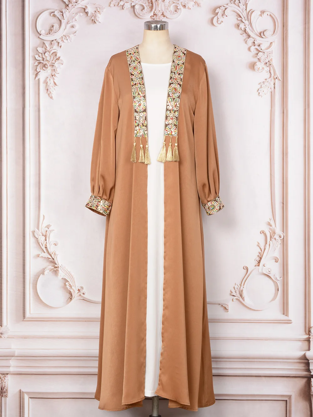 Modesto Abaya Ramadán Dubai bata mujer Musulmane musulmán cárdigan de dos piezas borla colgante bata Marocain Cardigan MT318