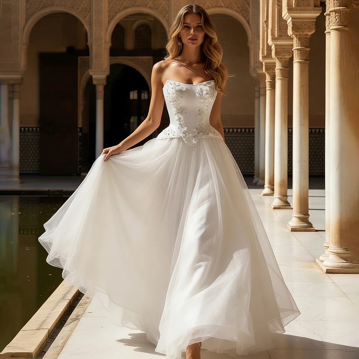 

Elegant Beaded Tulle Appliques Ball Gown Wedding Dress For Women Strapless Bridal Party Gown For Bride Long Vestidos Novia