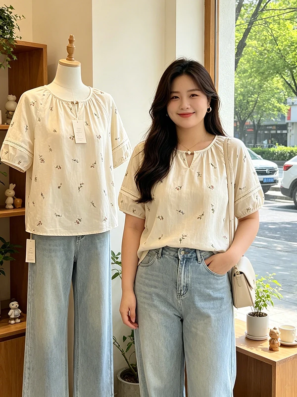

Loose round Neck Embroidered Beads Summer Shirt Women's Fashion Casual Cotton Blend Short Sleeve Top for Younger Look
